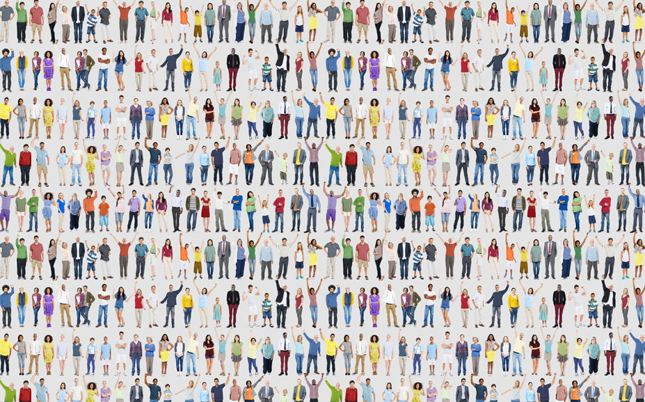 dozens of people standing in rows in a variety of positions